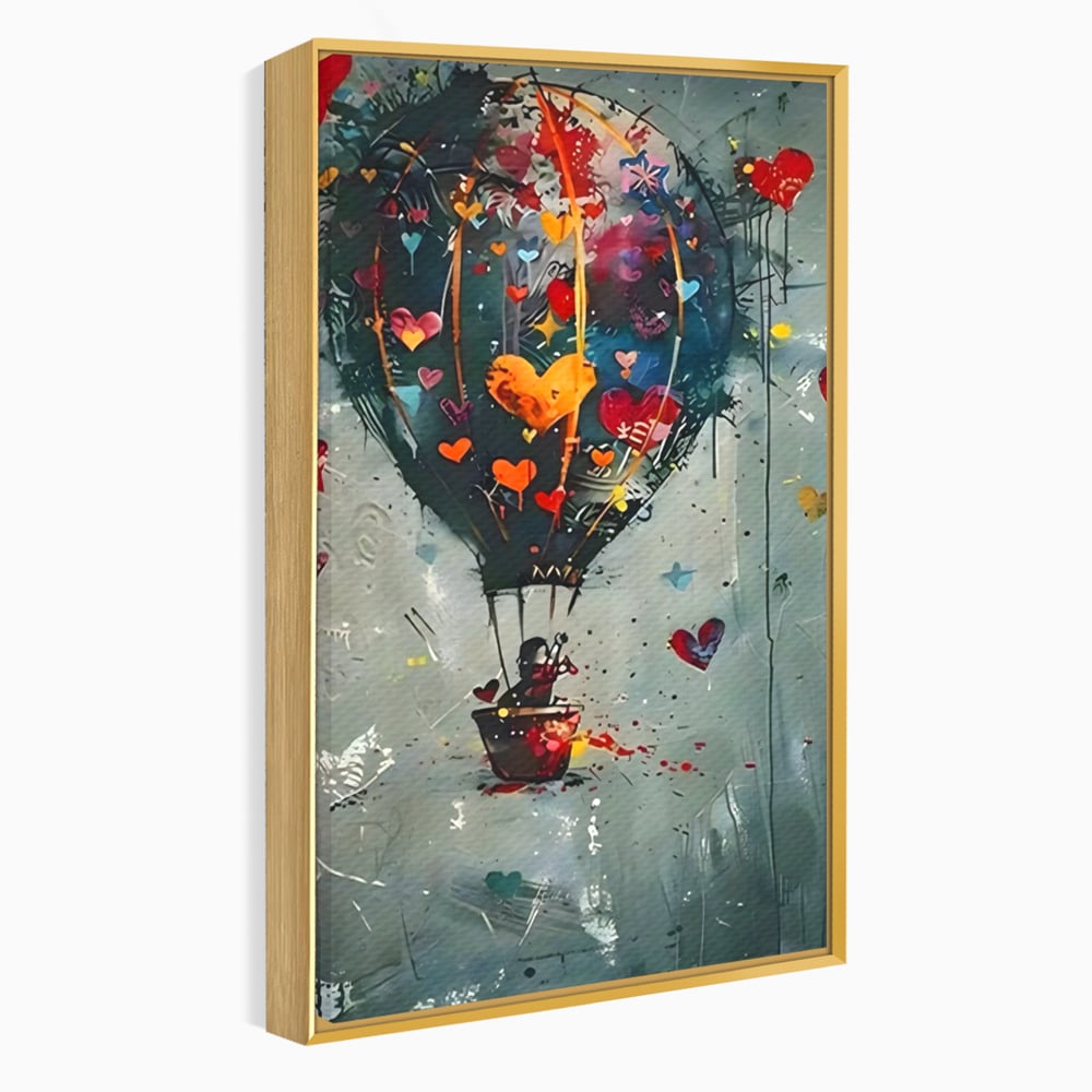 Tablou canvas cu tablou canvas cu balon cu aer cald si inimi, in rama de aluminiu auriu